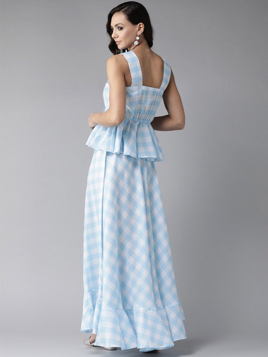 Ahalyaa Women Blue & White Checked Peplum Top with Skirt | Swadesiicart