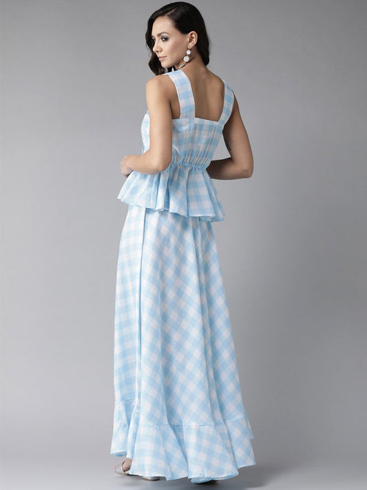 Ahalyaa Women Blue & White Checked Peplum Top with Skirt | Swadesiicart