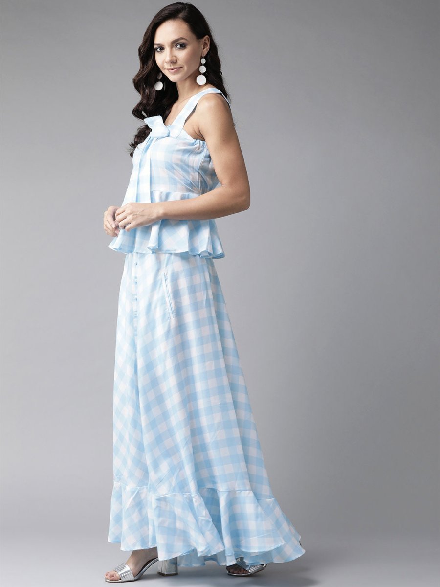 Ahalyaa Women Blue & White Checked Peplum Top with Skirt | Swadesiicart