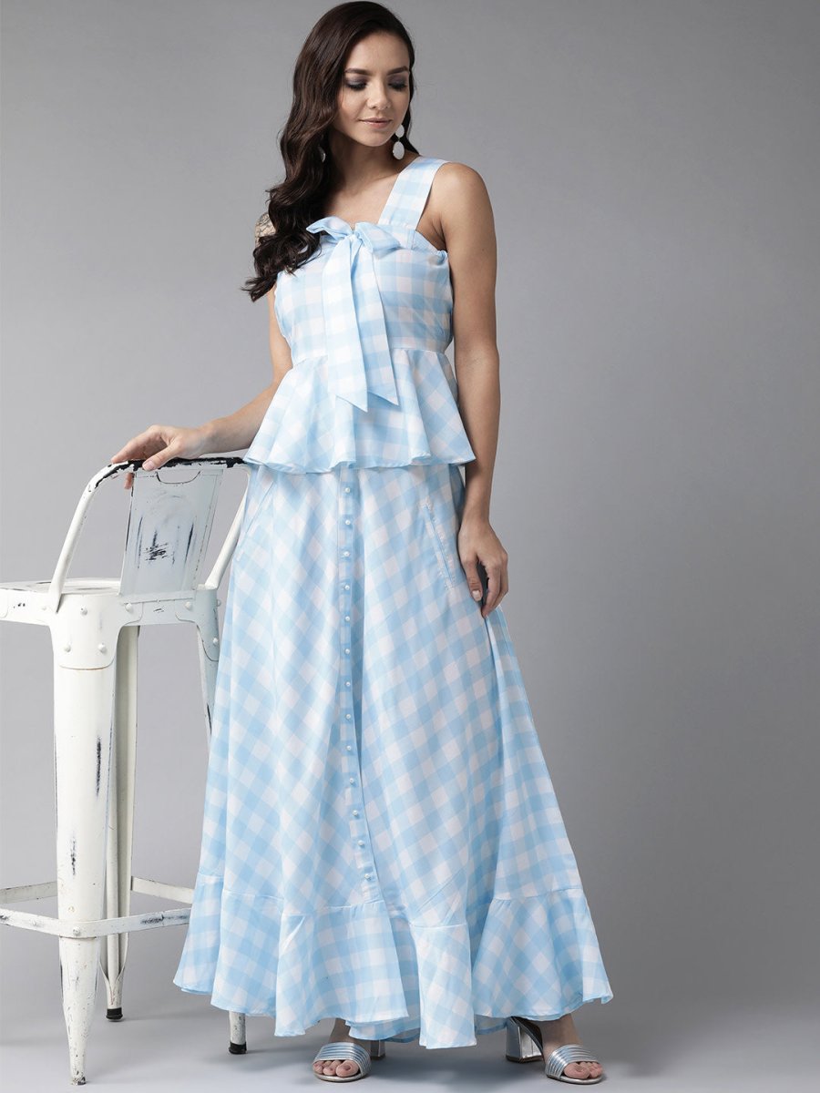 Ahalyaa Women Blue & White Checked Peplum Top with Skirt | Swadesiicart