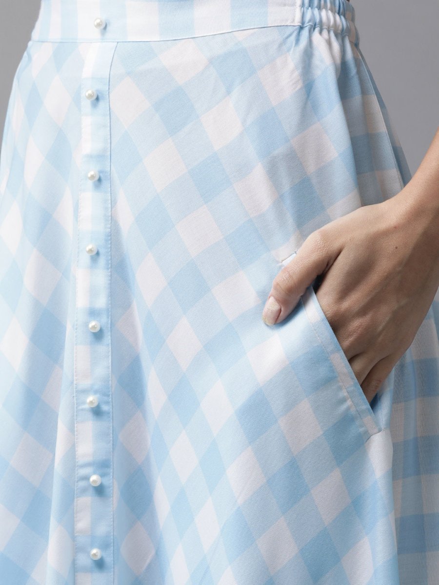 Ahalyaa Women Blue & White Checked Peplum Top with Skirt | Swadesiicart