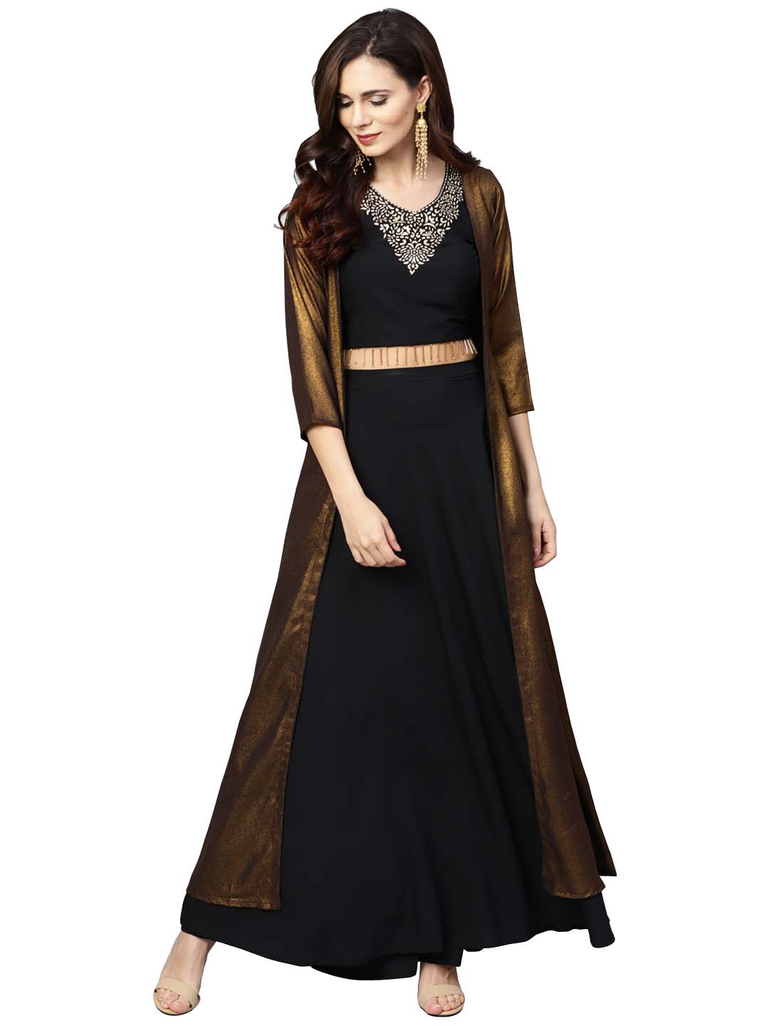 Ahalyaa Black Golden Straight Crepe & Georgette Kurta Set | Swadesiicart
