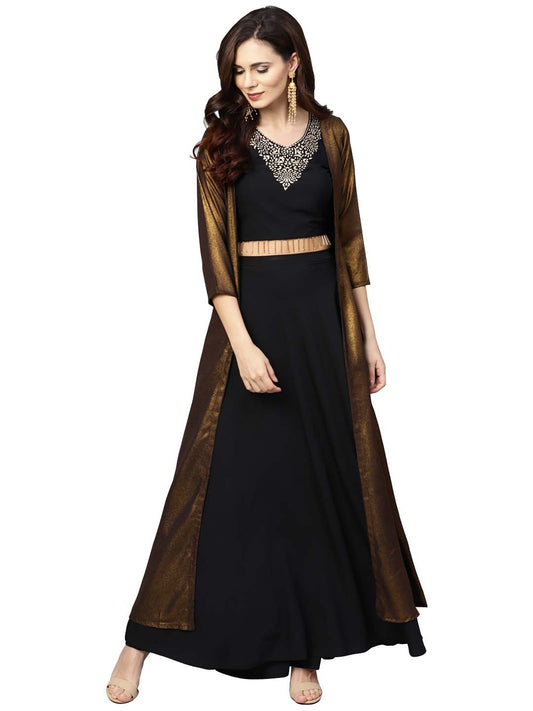 Ahalyaa Black Golden Straight Crepe & Georgette Kurta Set | Swadesiicart