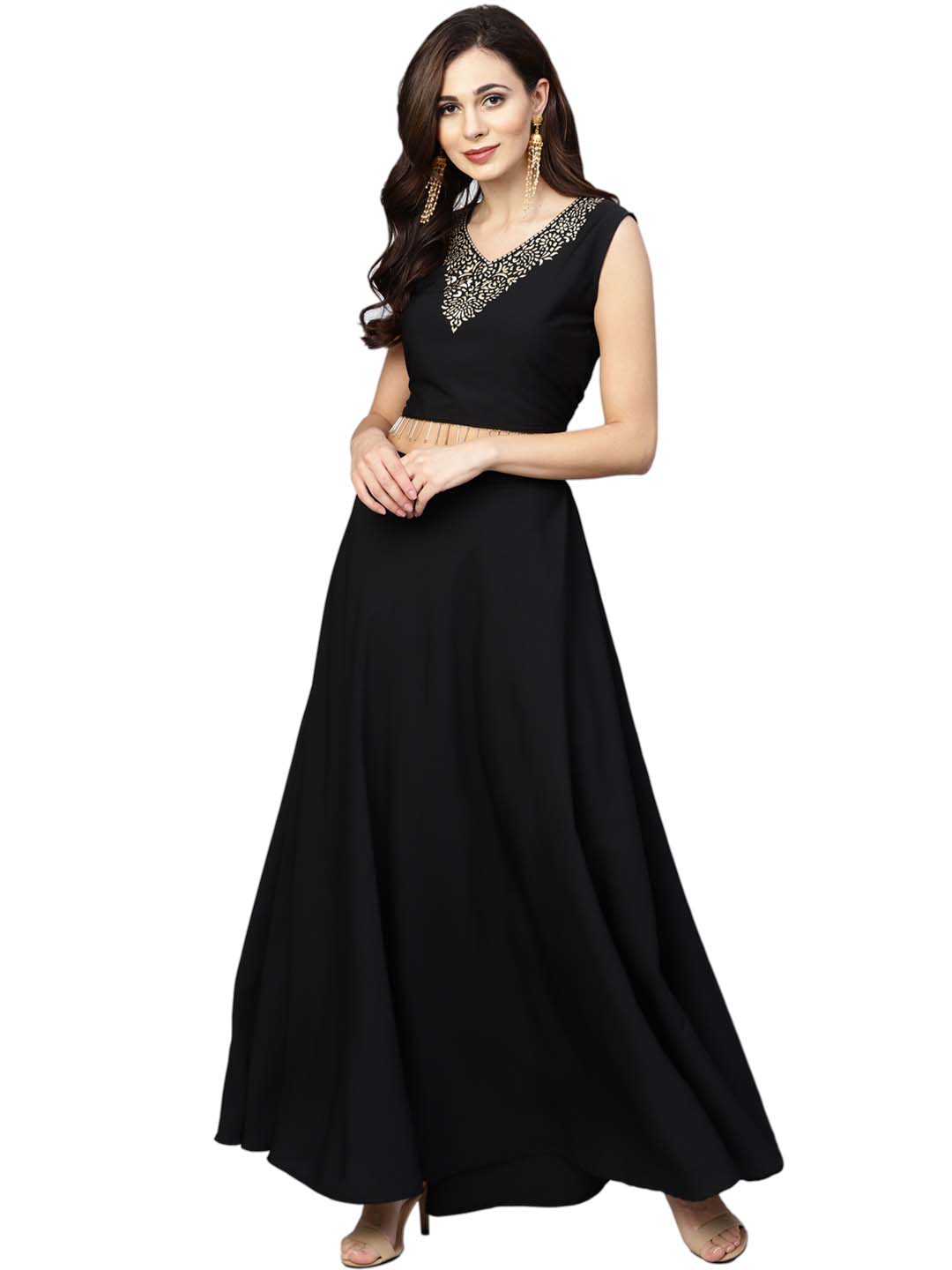 Ahalyaa Black Golden Straight Crepe & Georgette Kurta Set | Swadesiicart