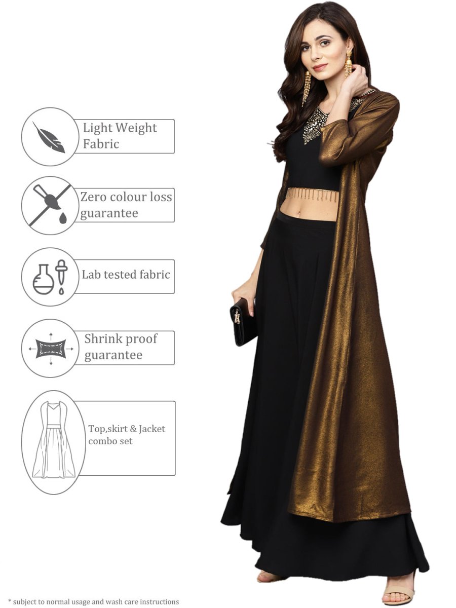 Ahalyaa Black Golden Straight Crepe & Georgette Kurta Set | Swadesiicart