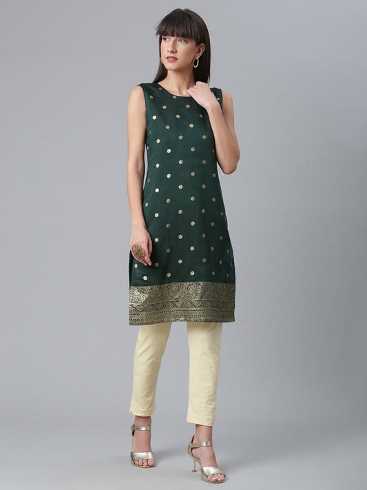 Ahalyaa Chanderi Dark Green Foil Gold Printed Kurti | Swadesiicart