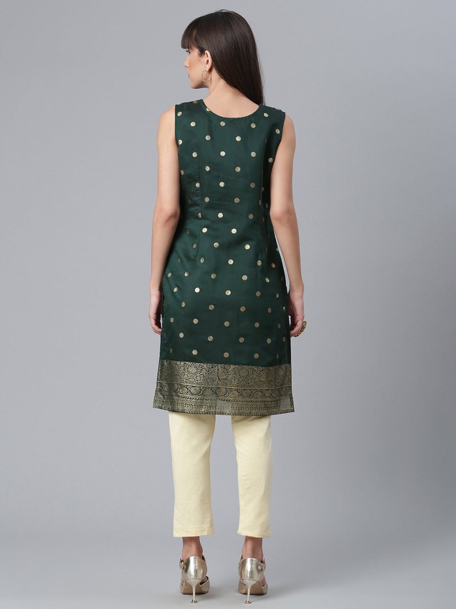 Ahalyaa Chanderi Dark Green Foil Gold Printed Kurti | Swadesiicart