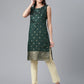 Ahalyaa Chanderi Dark Green Foil Gold Printed Kurti | Swadesiicart