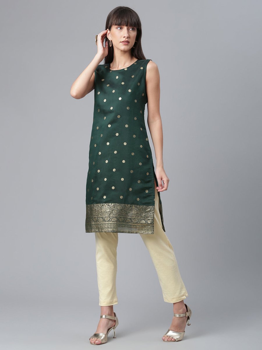 Ahalyaa Chanderi Dark Green Foil Gold Printed Kurti | Swadesiicart