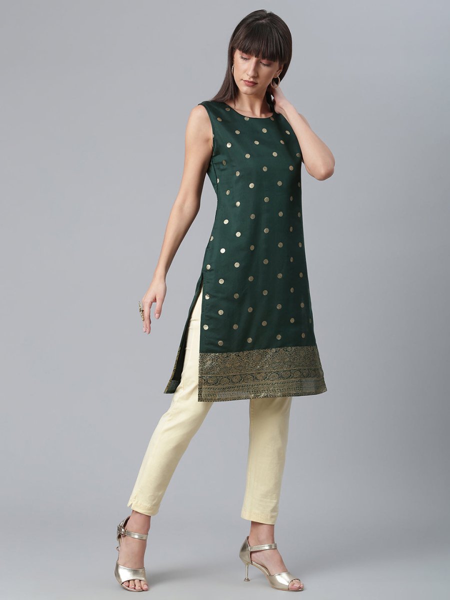 Ahalyaa Chanderi Dark Green Foil Gold Printed Kurti | Swadesiicart