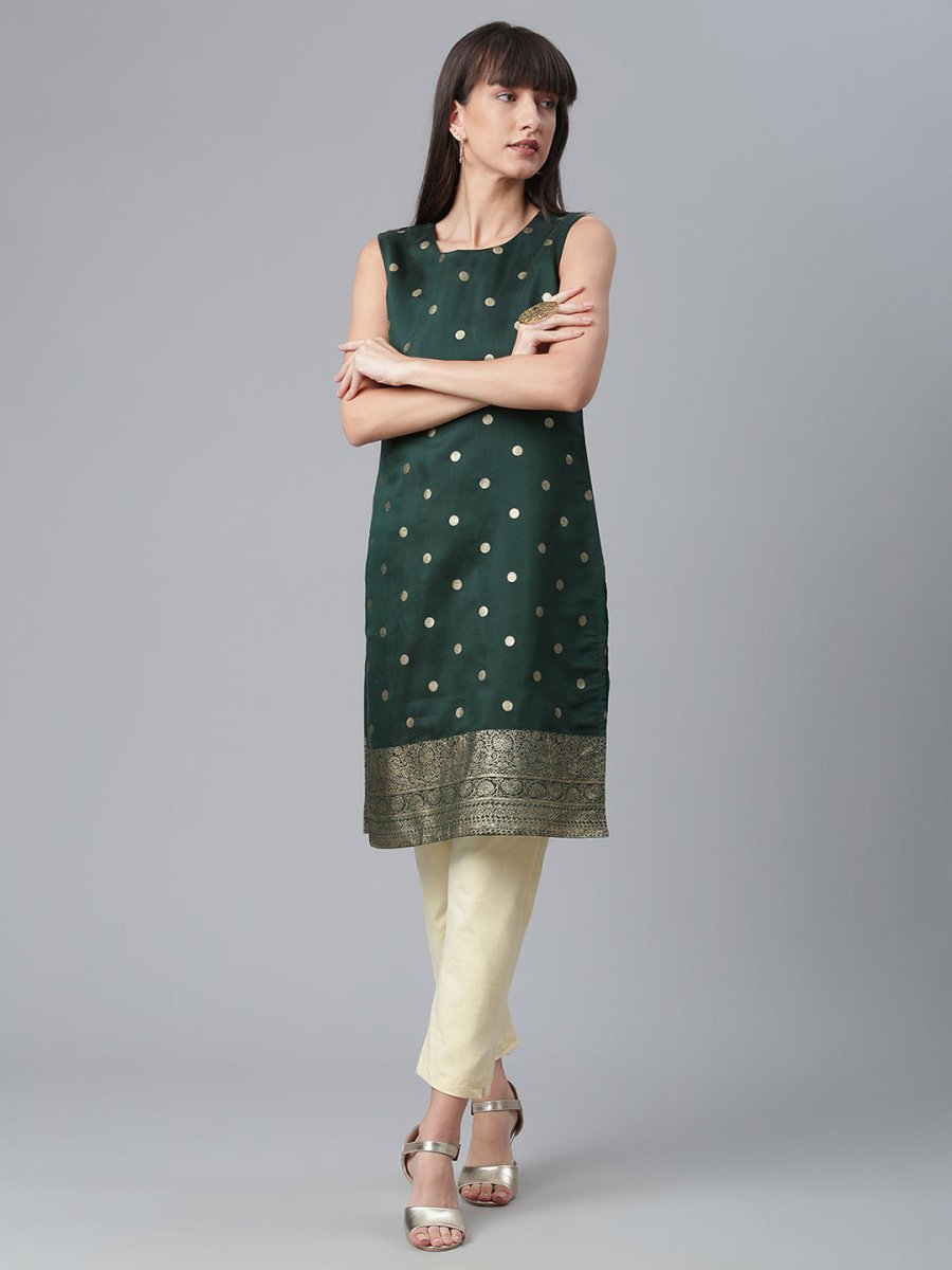 Ahalyaa Chanderi Dark Green Foil Gold Printed Kurti | Swadesiicart