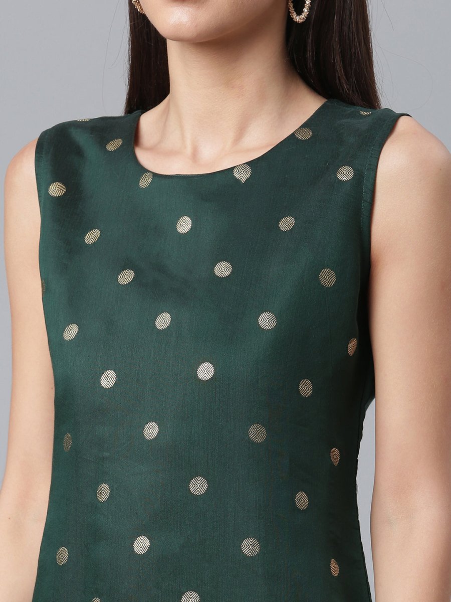 Ahalyaa Chanderi Dark Green Foil Gold Printed Kurti | Swadesiicart