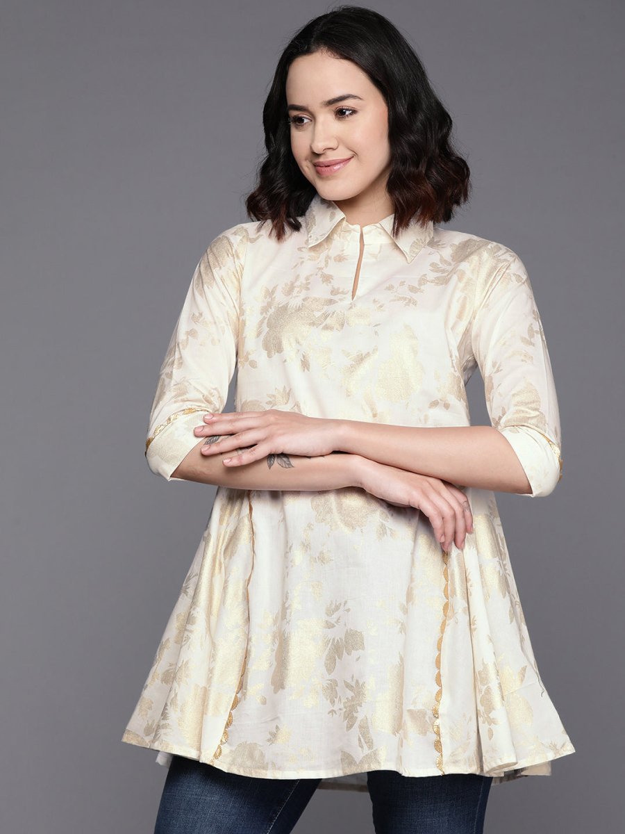Ahalyaa Floral Printed Shirt Collar Cotton Tunic With Lace Inserts Detail | Swadesiicart