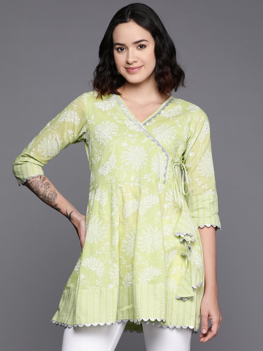 Ahalyaa Floral Printed Cotton Tunic With Lace Inserts Detail | Swadesiicart