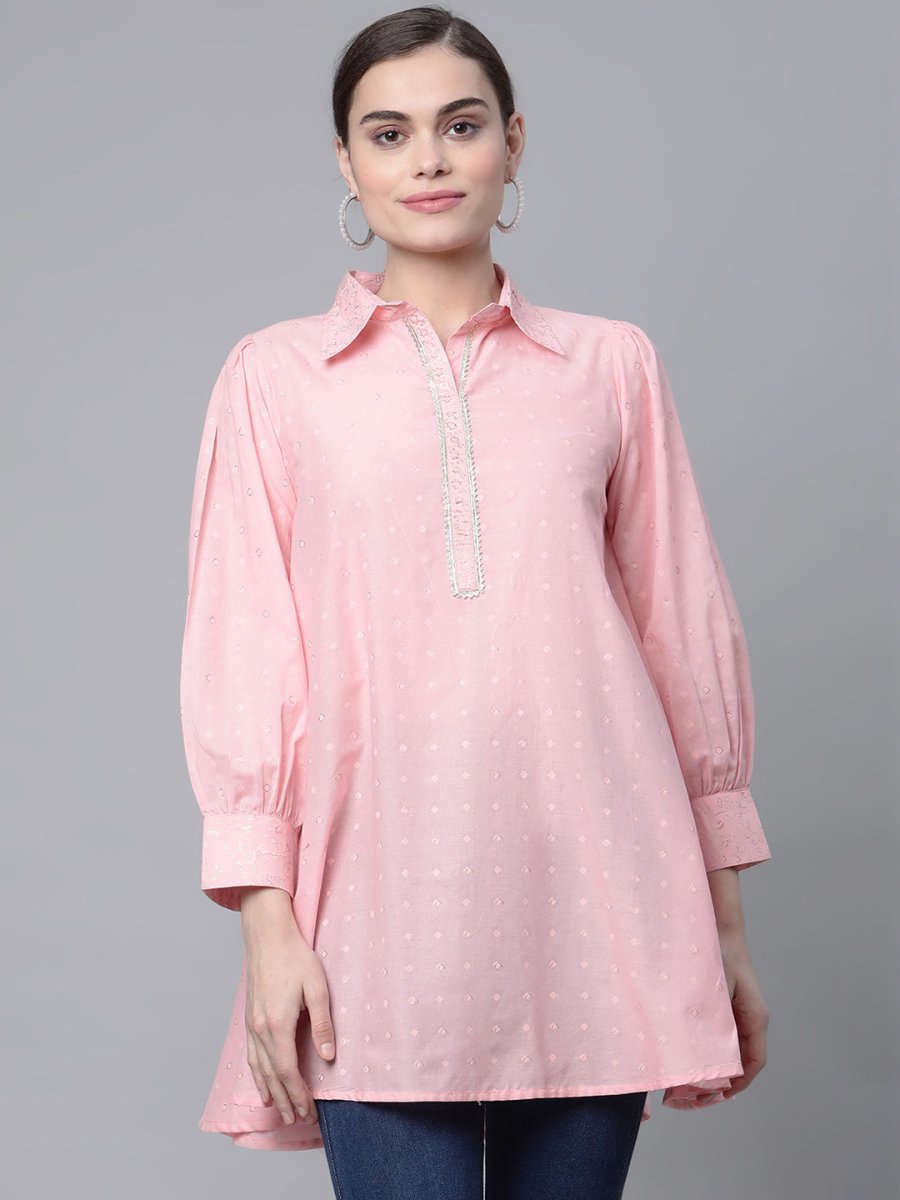 Ahalyaa Women Baby Pink Pure Cotton Printed Tunic | Swadesiicart