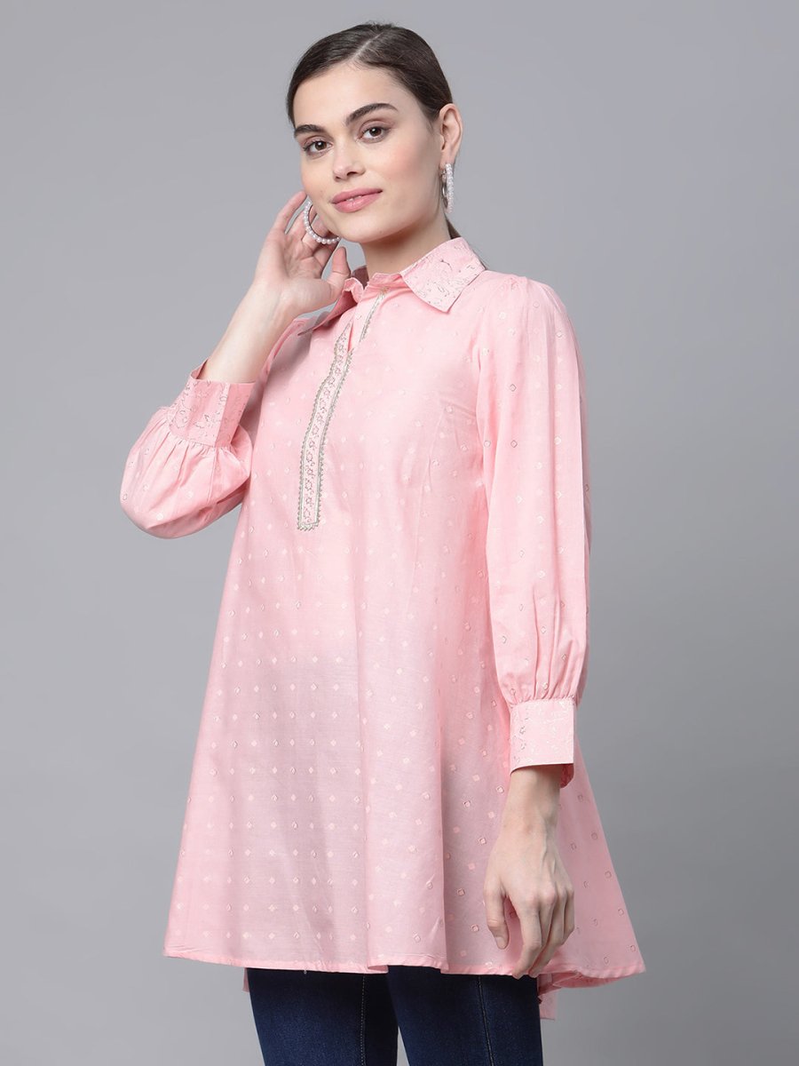 Ahalyaa Women Baby Pink Pure Cotton Printed Tunic | Swadesiicart
