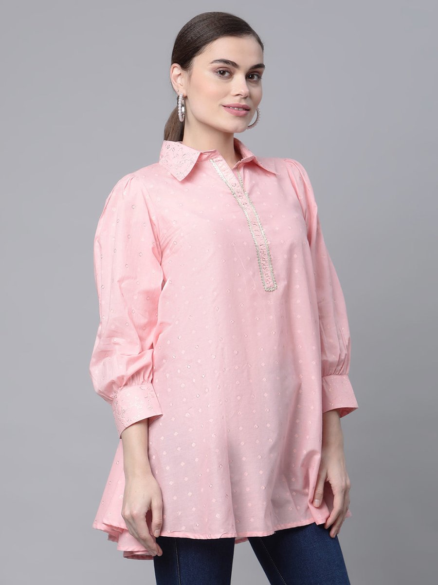 Ahalyaa Women Baby Pink Pure Cotton Printed Tunic | Swadesiicart