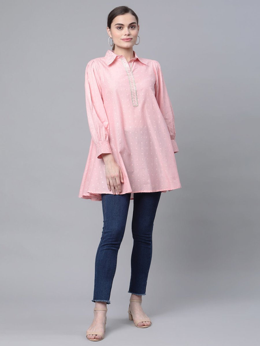 Ahalyaa Women Baby Pink Pure Cotton Printed Tunic | Swadesiicart