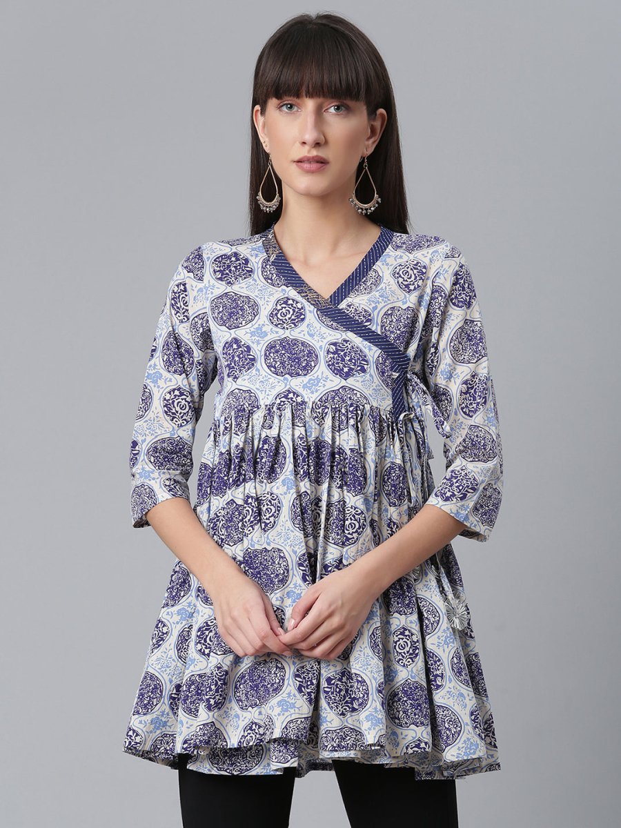 Ahalyaa Women Blue & Off-White Printed Angrakha Beautiful Tunic | Swadesiicart