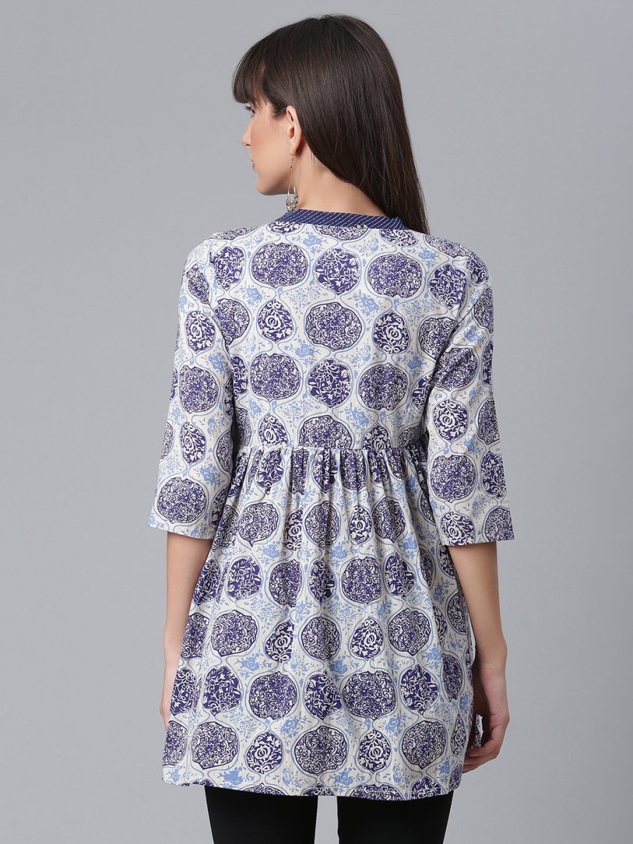 Ahalyaa Women Blue & Off-White Printed Angrakha Beautiful Tunic | Swadesiicart