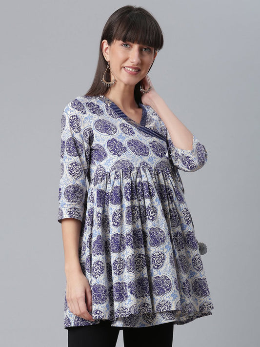 Ahalyaa Women Blue & Off-White Printed Angrakha Beautiful Tunic | Swadesiicart