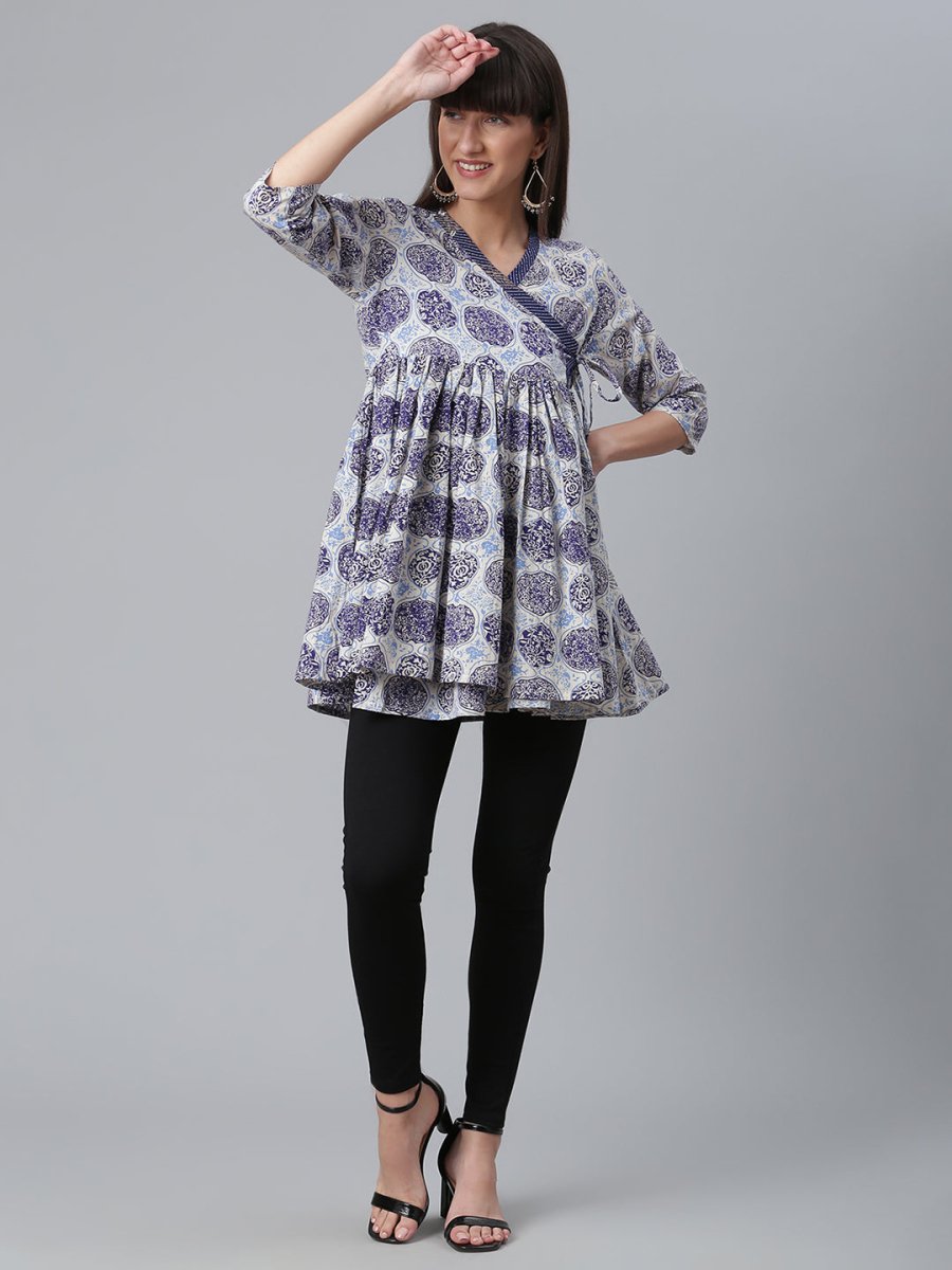 Ahalyaa Women Blue & Off-White Printed Angrakha Beautiful Tunic | Swadesiicart