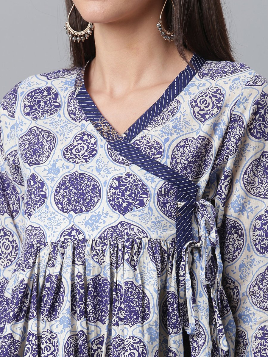 Ahalyaa Women Blue & Off-White Printed Angrakha Beautiful Tunic | Swadesiicart