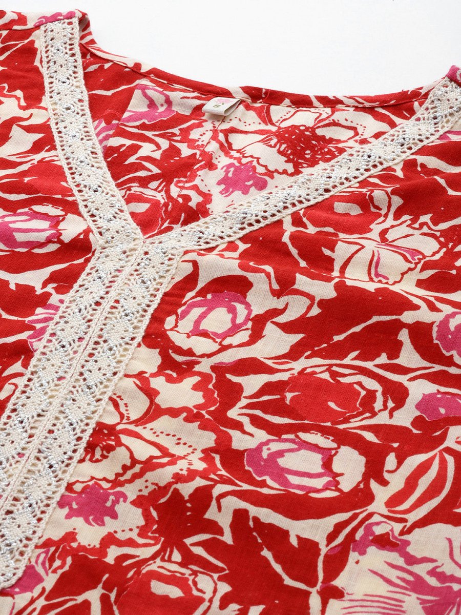 Ahalyaa Floral Printed Bell Sleeves Tunic With Lace Inserts | Swadesiicart