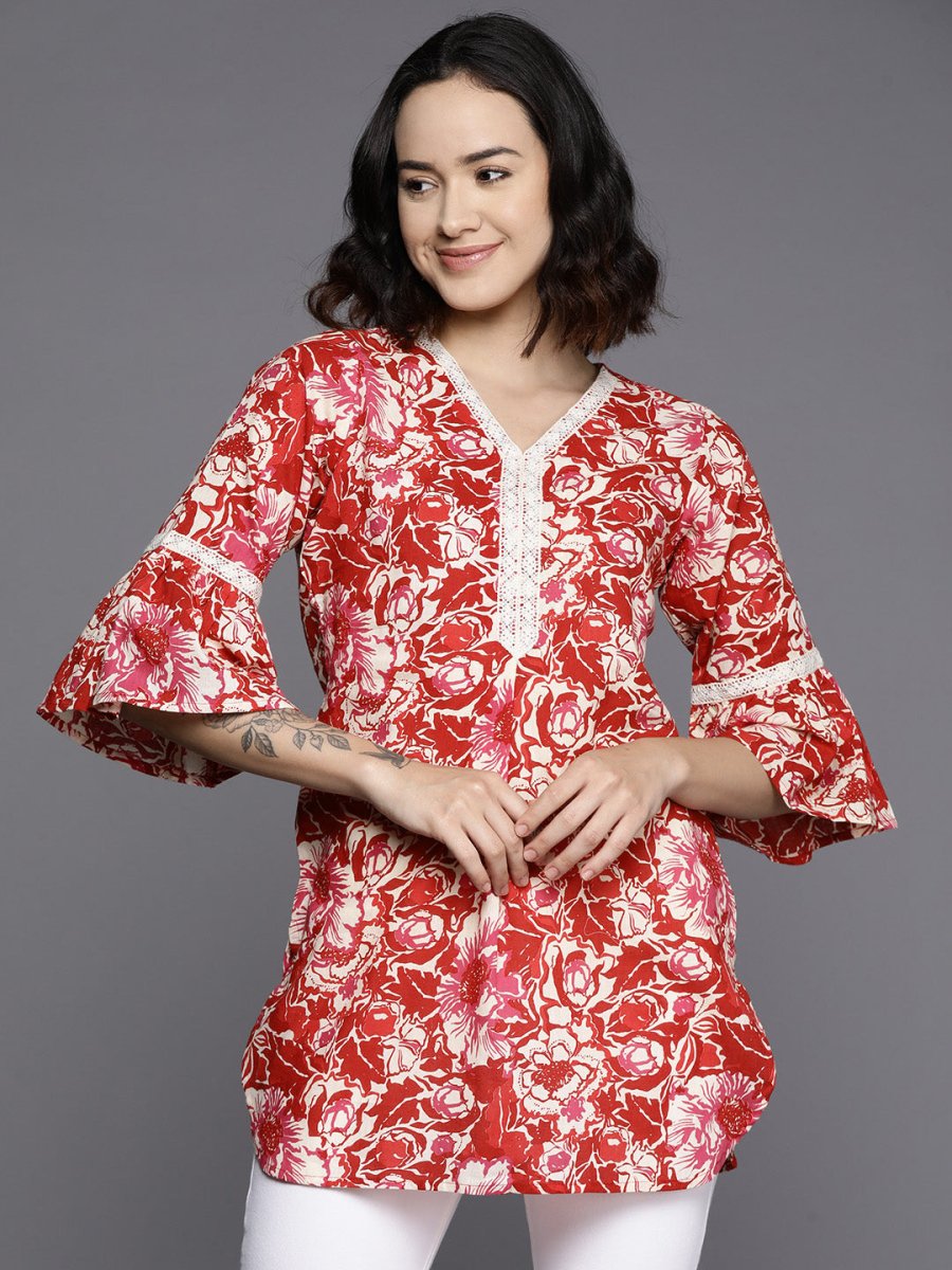 Ahalyaa Floral Printed Bell Sleeves Tunic With Lace Inserts | Swadesiicart