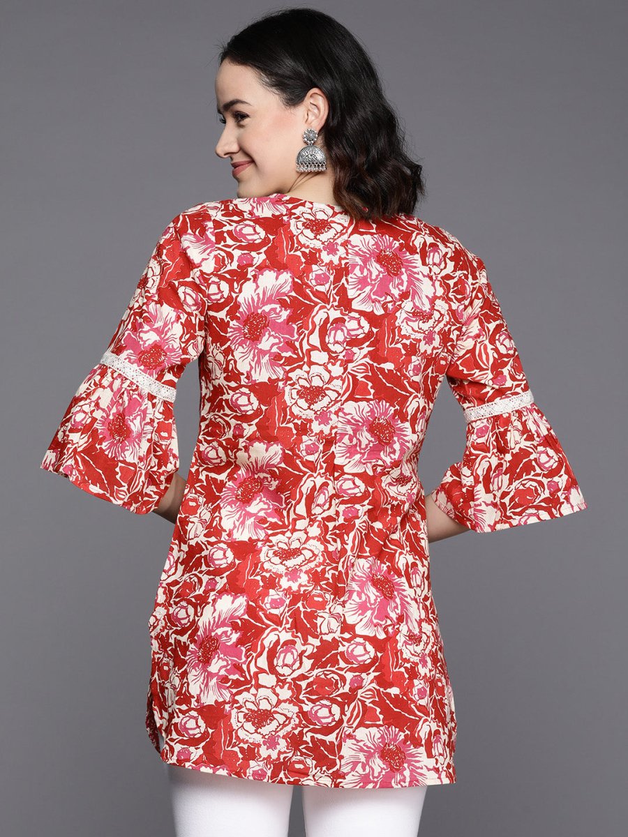 Ahalyaa Floral Printed Bell Sleeves Tunic With Lace Inserts | Swadesiicart
