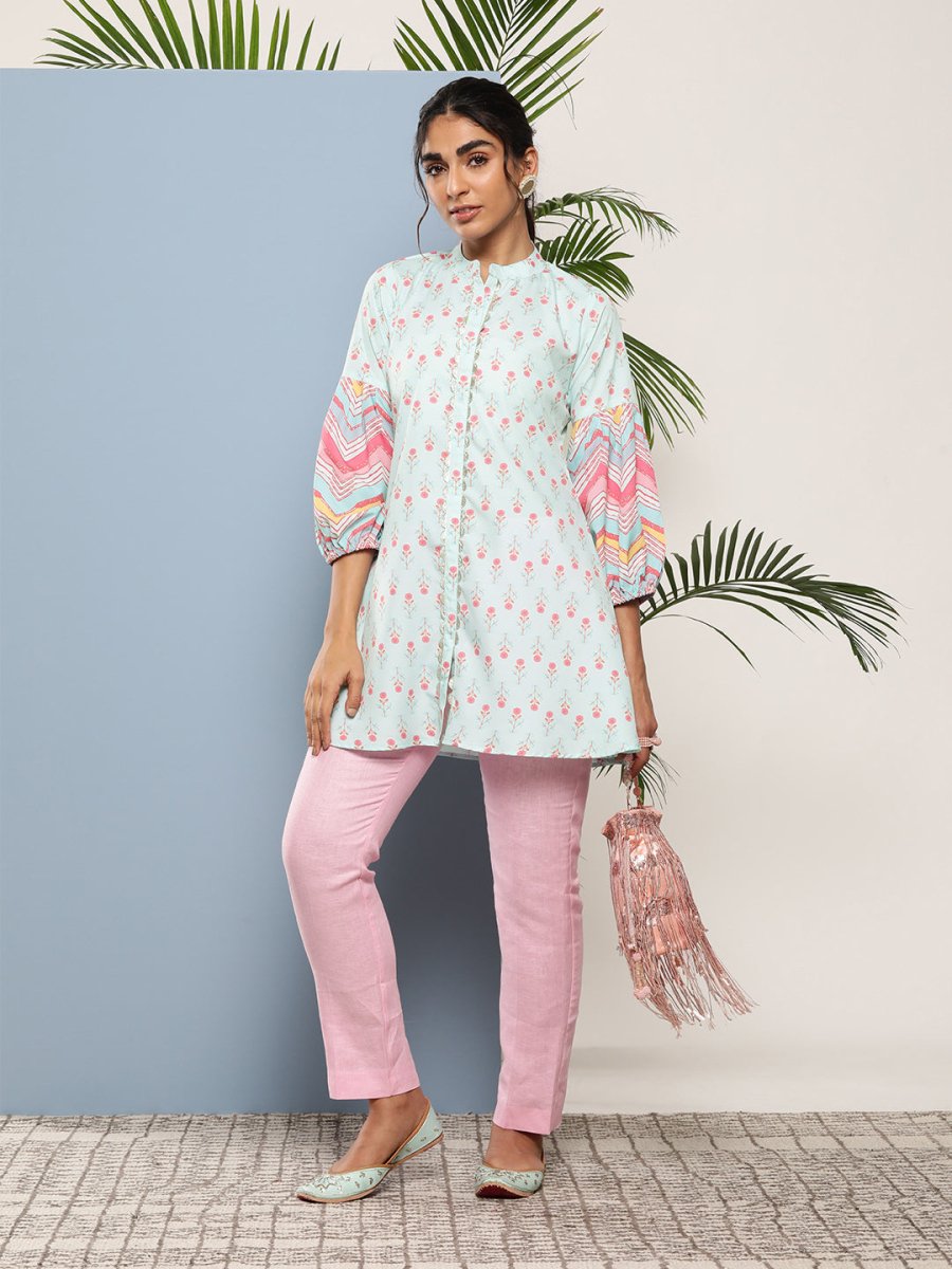 Ahalyaa Sea Green & Pink Mandarin Collar Printed Tunic | Swadesiicart