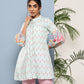 Ahalyaa Sea Green & Pink Mandarin Collar Printed Tunic | Swadesiicart