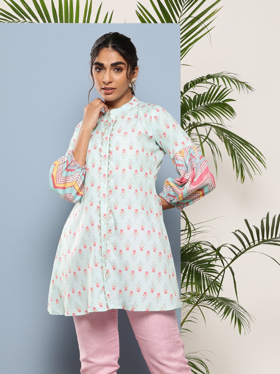 Ahalyaa Sea Green & Pink Mandarin Collar Printed Tunic | Swadesiicart