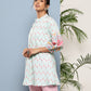 Ahalyaa Sea Green & Pink Mandarin Collar Printed Tunic | Swadesiicart