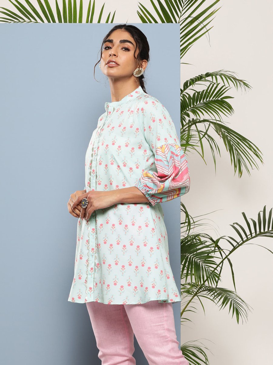 Ahalyaa Sea Green & Pink Mandarin Collar Printed Tunic | Swadesiicart