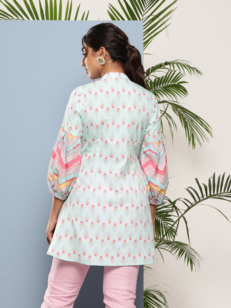 Ahalyaa Sea Green & Pink Mandarin Collar Printed Tunic | Swadesiicart