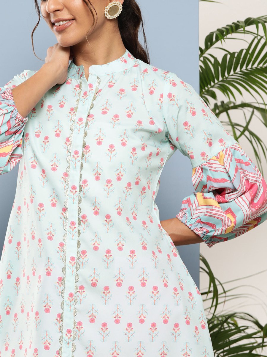 Ahalyaa Sea Green & Pink Mandarin Collar Printed Tunic | Swadesiicart