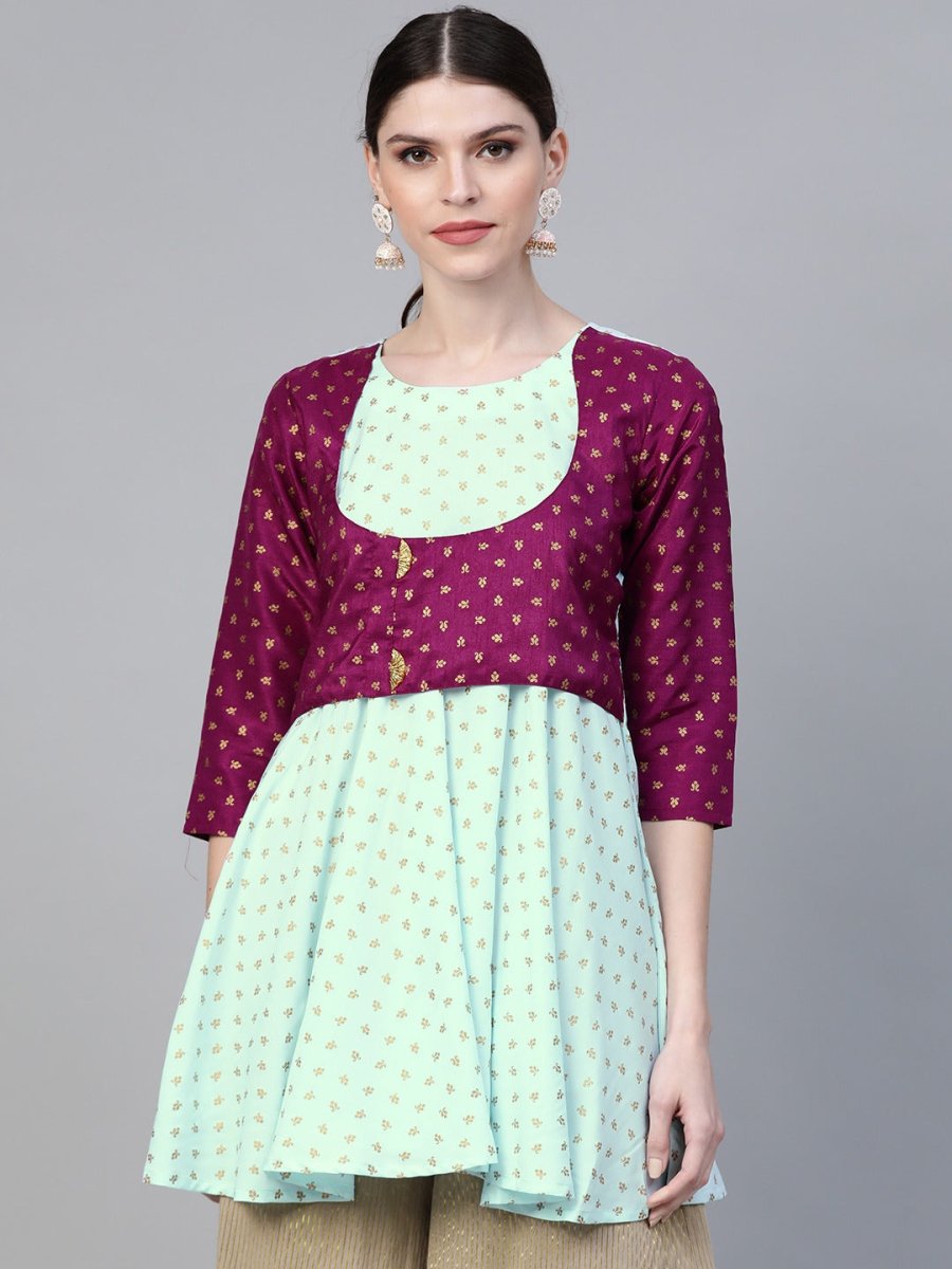 Ahalyaa Blue & Purple Printed A-Line Tunic | Swadesiicart