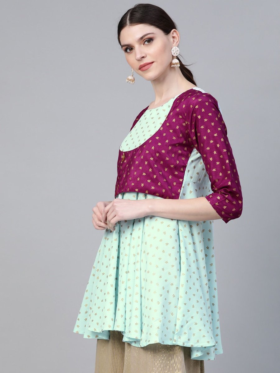 Ahalyaa Blue & Purple Printed A-Line Tunic | Swadesiicart