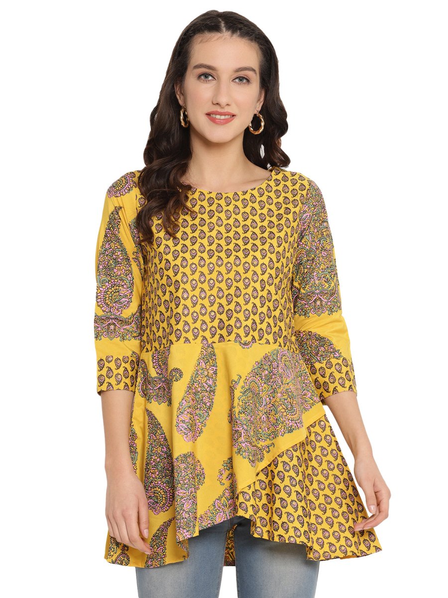 Ahalyaa Mustard Printed Layerd Tunic | Swadesiicart