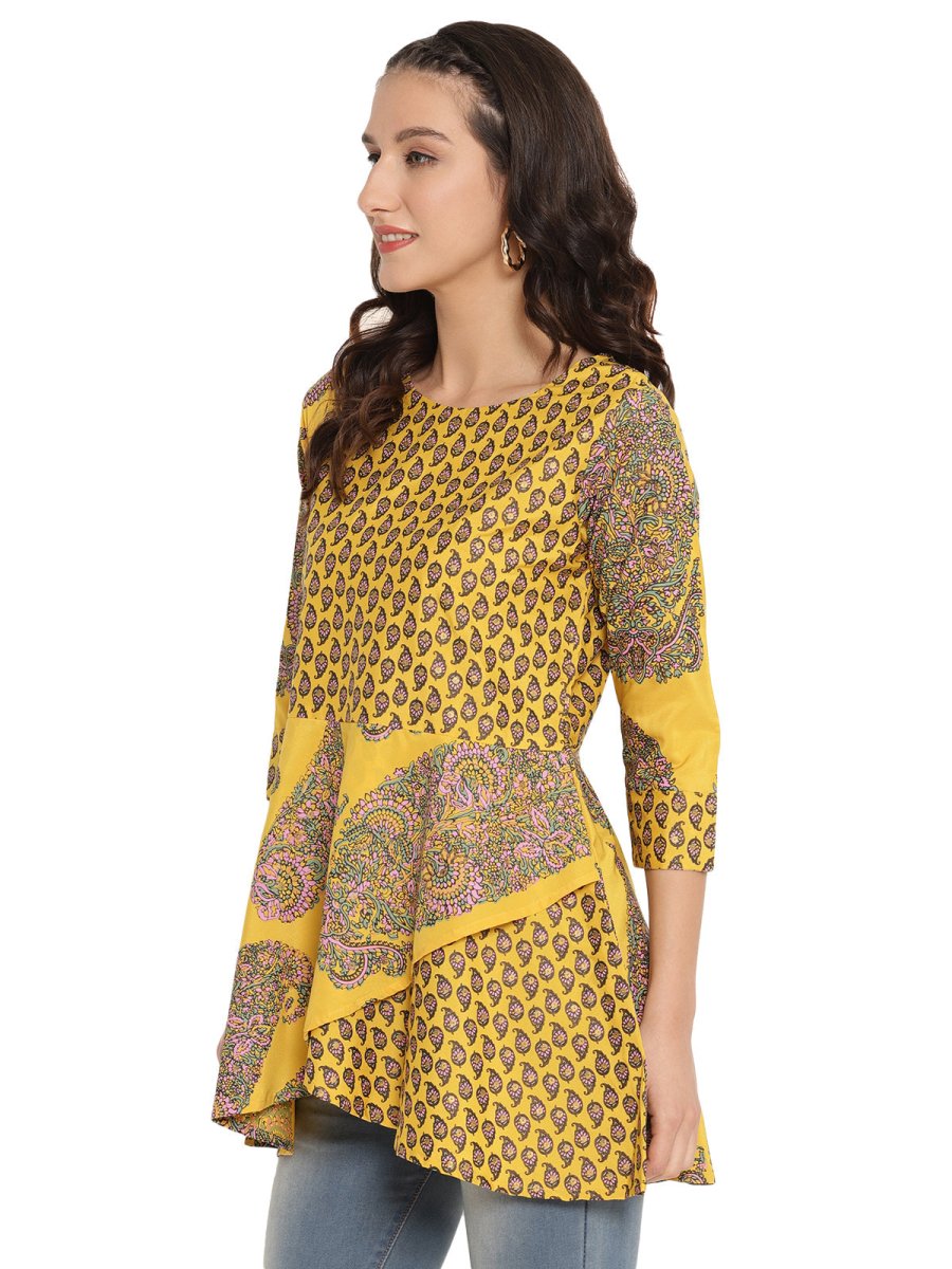 Ahalyaa Mustard Printed Layerd Tunic | Swadesiicart
