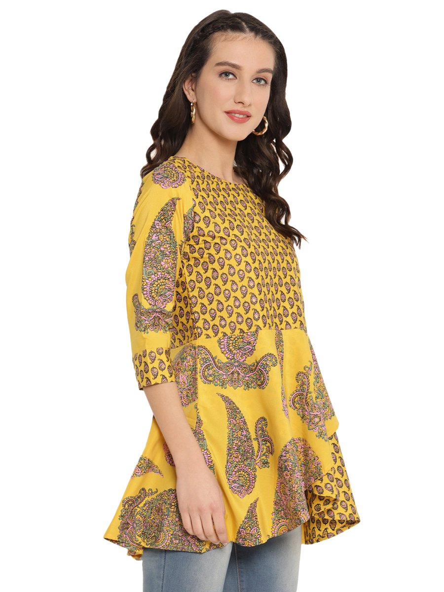Ahalyaa Mustard Printed Layerd Tunic | Swadesiicart
