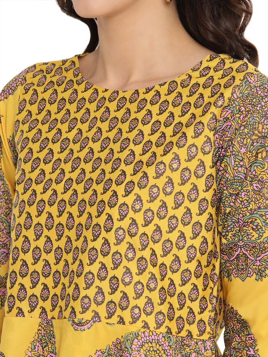 Ahalyaa Mustard Printed Layerd Tunic | Swadesiicart