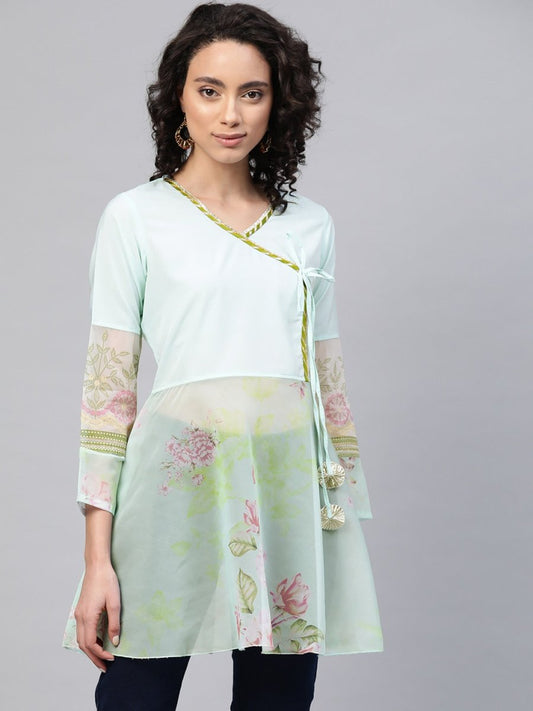 Ahalyaa Women Sea Green & Pink Floral Print Semi-Sheer Angrakha Tunic | Swadesiicart