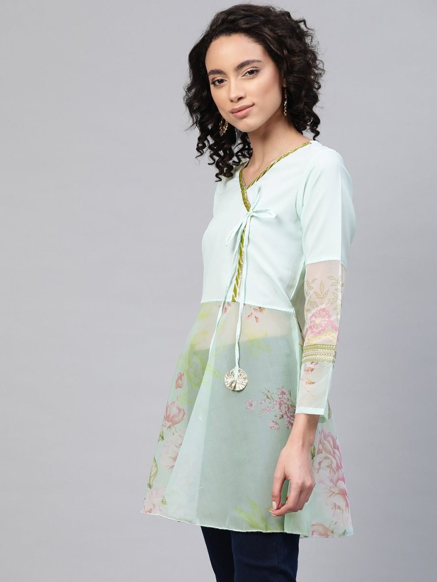 Ahalyaa Women Sea Green & Pink Floral Print Semi-Sheer Angrakha Tunic | Swadesiicart