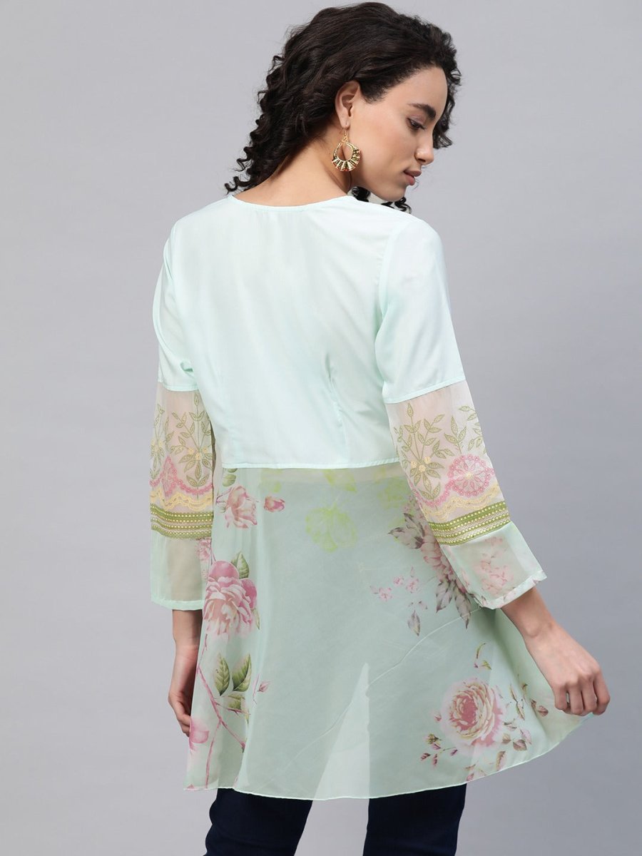 Ahalyaa Women Sea Green & Pink Floral Print Semi-Sheer Angrakha Tunic | Swadesiicart