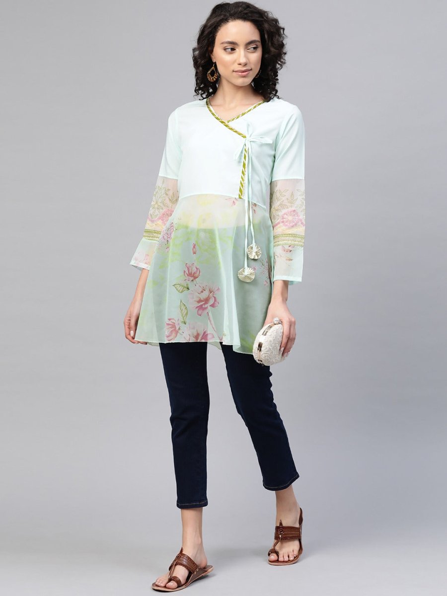 Ahalyaa Women Sea Green & Pink Floral Print Semi-Sheer Angrakha Tunic | Swadesiicart
