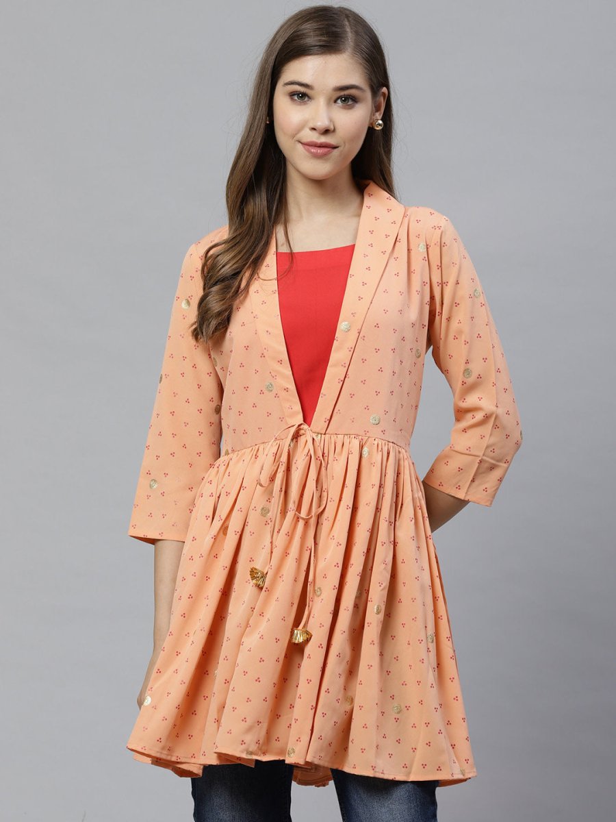 Ahalyaa Women Peach-Coloured & Red Printed Tunic | Swadesiicart