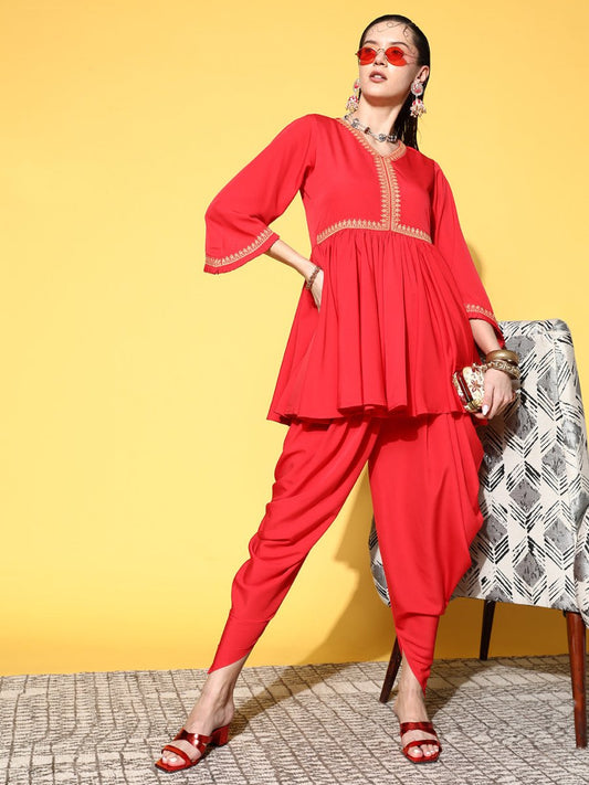 Ahalyaa Women Red Pleated Gotta Patti Kurti with Dhoti Pants | Swadesiicart