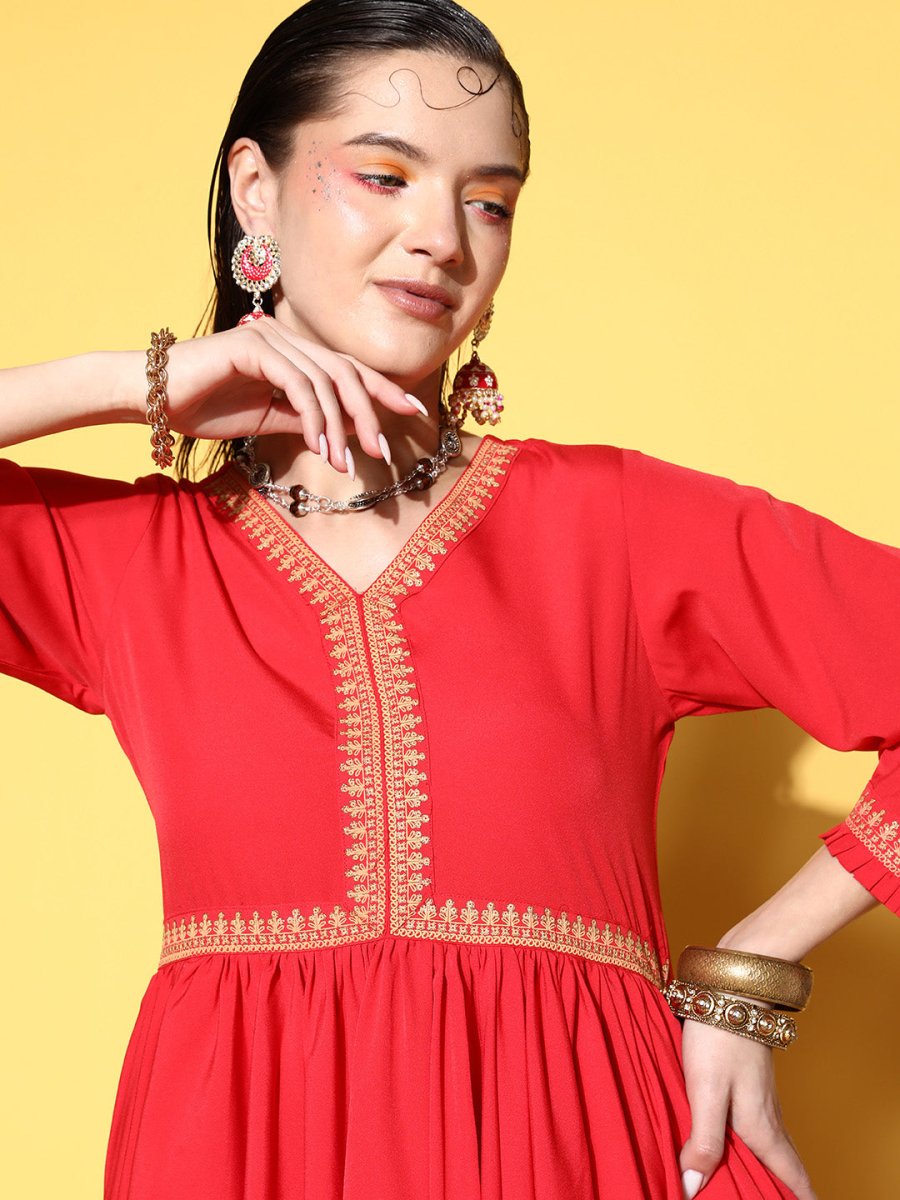 Ahalyaa Women Red Pleated Gotta Patti Kurti with Dhoti Pants | Swadesiicart
